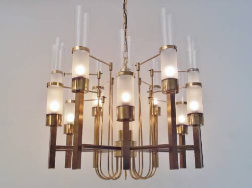 Large Vintage Chandelier in Frosted Glass & Brass, 1970s Large Vintage Chandelier in Frosted Glass & Brass, 1970s